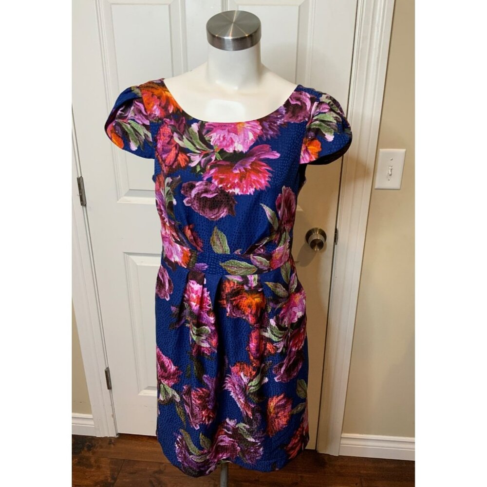 Moulinette Soeurs Anthropologie Blue Floral Fit & Flare Dress, Size 8